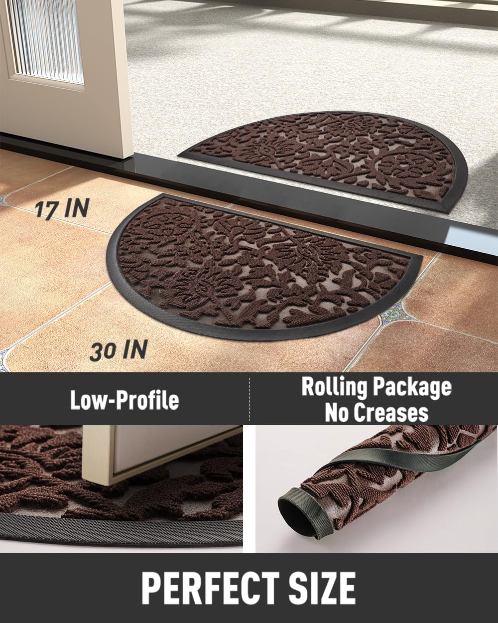 tchdio Zerbino mezzo rotondo per porta d'ingresso, in gomma antiscivolo, per ingresso esterno, a basso profilo, resistente, facile da pulire, per tutte le stagioni, 43 x 76 cm, marrone