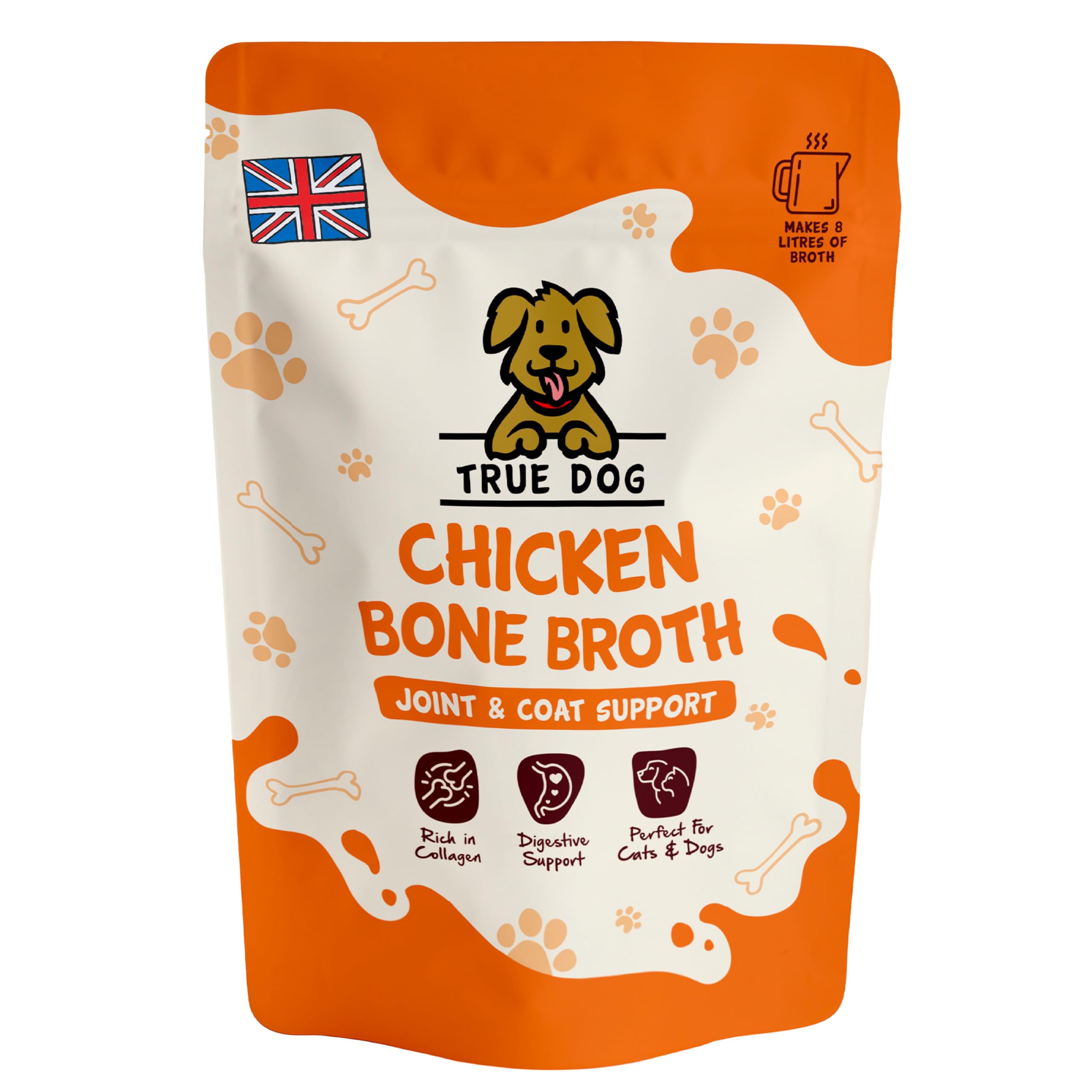 True Dog Chicken Bone Broth Powder (250g) Contains Collagen for Dogs & Cats, Supports Puppy & Dog Gut Health and Joint Aid for Dogs, Cat Food Topper Suitable for Home Freezing - Natural Pet Supplement
