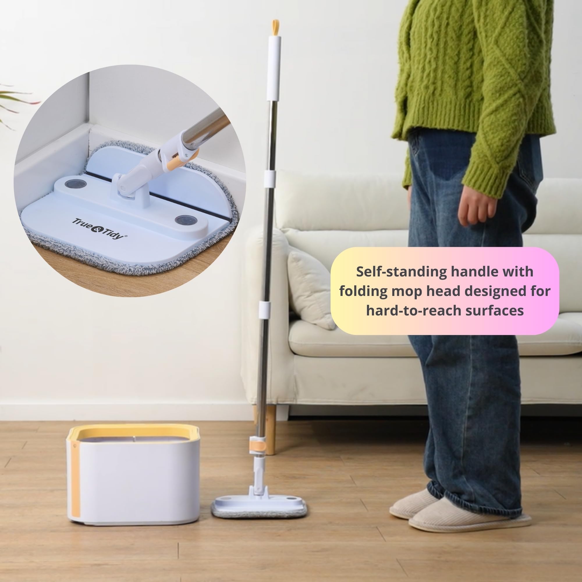 Sistema de fregona giratoria y cubo PRO con cubo interior desmontable, separa el agua limpia y sucia, autónomo, cabezal cuadrado plegable, flujo de chorro triple con cepillo oculto, 2 almohadillas