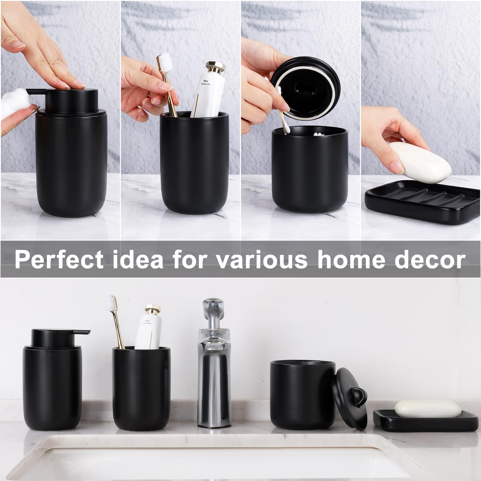 Bosilunlife Schwarzes Badezimmer-Zubehör-Set – Keramik-Badezimmer-Zubehör-Sets Komplettes schäumender Seifenspender und Zahnbürstenhalter-Set, Seifenschale, Qtip & Watteballhalter, modernes