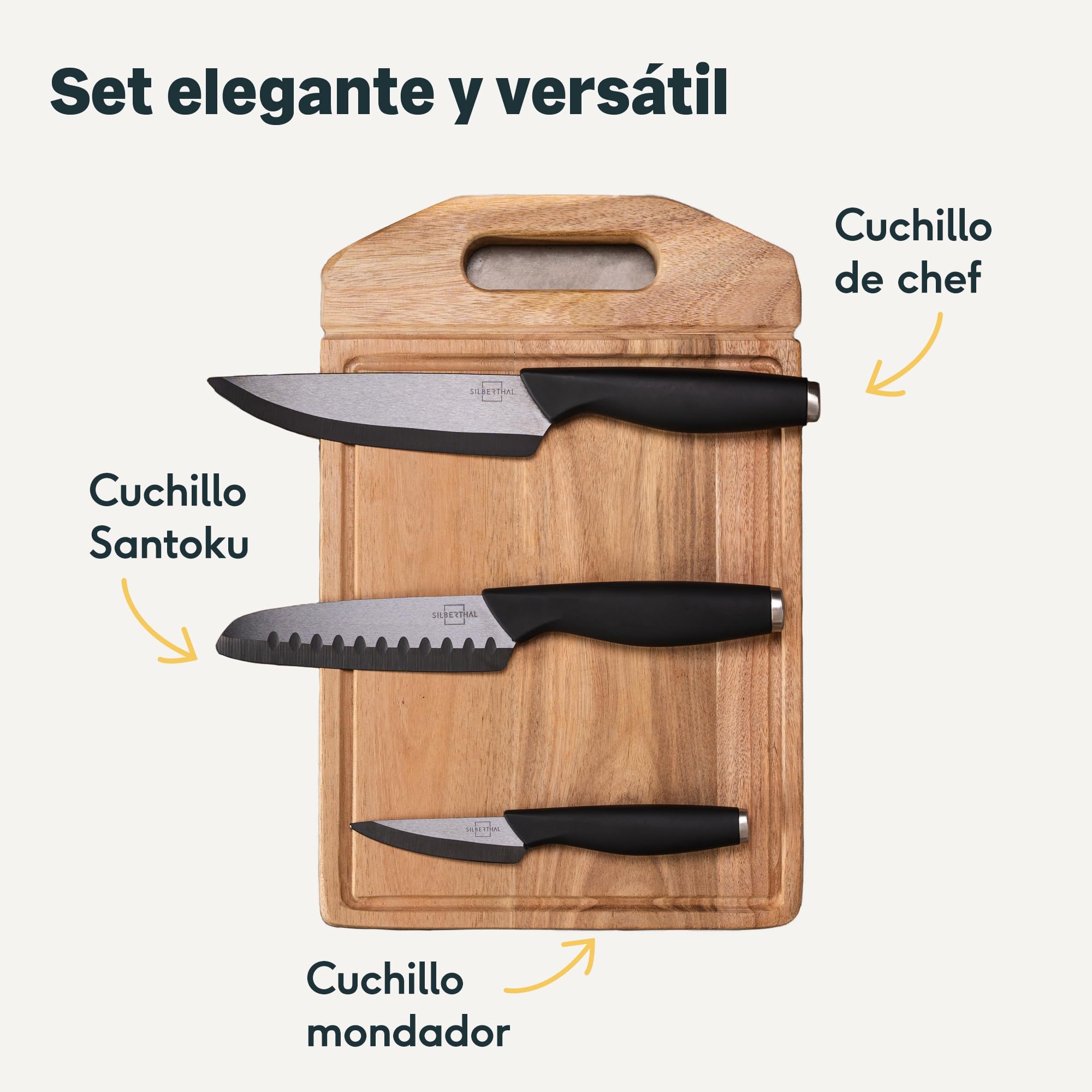 SILBERTHAL Set cuchillos cocina cerámica - Con funda protectora - Set 3 cuchillos ceramicos cocina