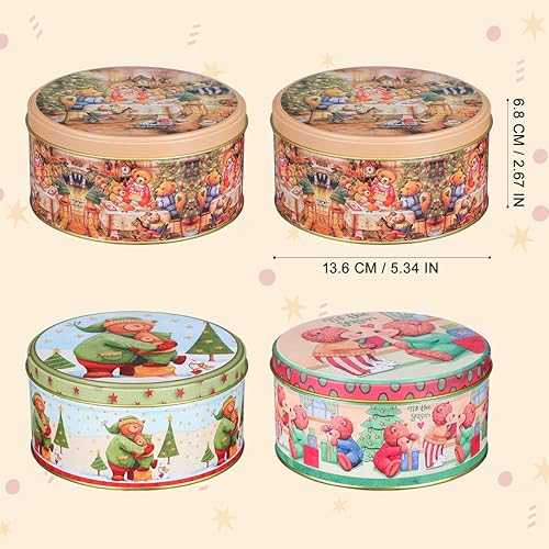 Vista 4 de Latas de galletas de Navidad con tapas para regalo, paquete de 4 latas redondas de metal para Navidad, caja de dulces de oso de 5.34 pulgadas