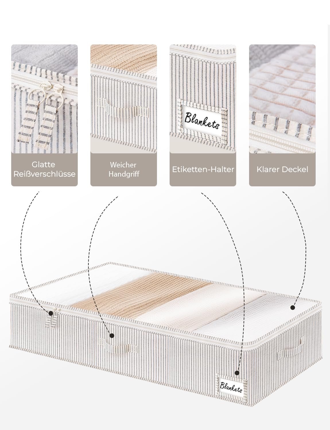 StorageWorks Scatole di archiviazione sotto il letto con coperchio, grandi contenitori per organizzare coperte e biancheria, organizzatori rigidi per abiti sotto il letto, a righe grigie e bianche
