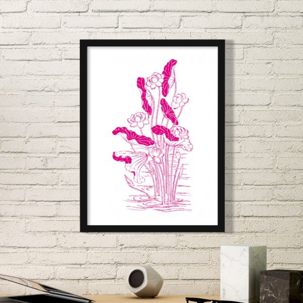 Fleur de lotus peinture cadre photo bois noir rectangle decoration maison plante eau Small