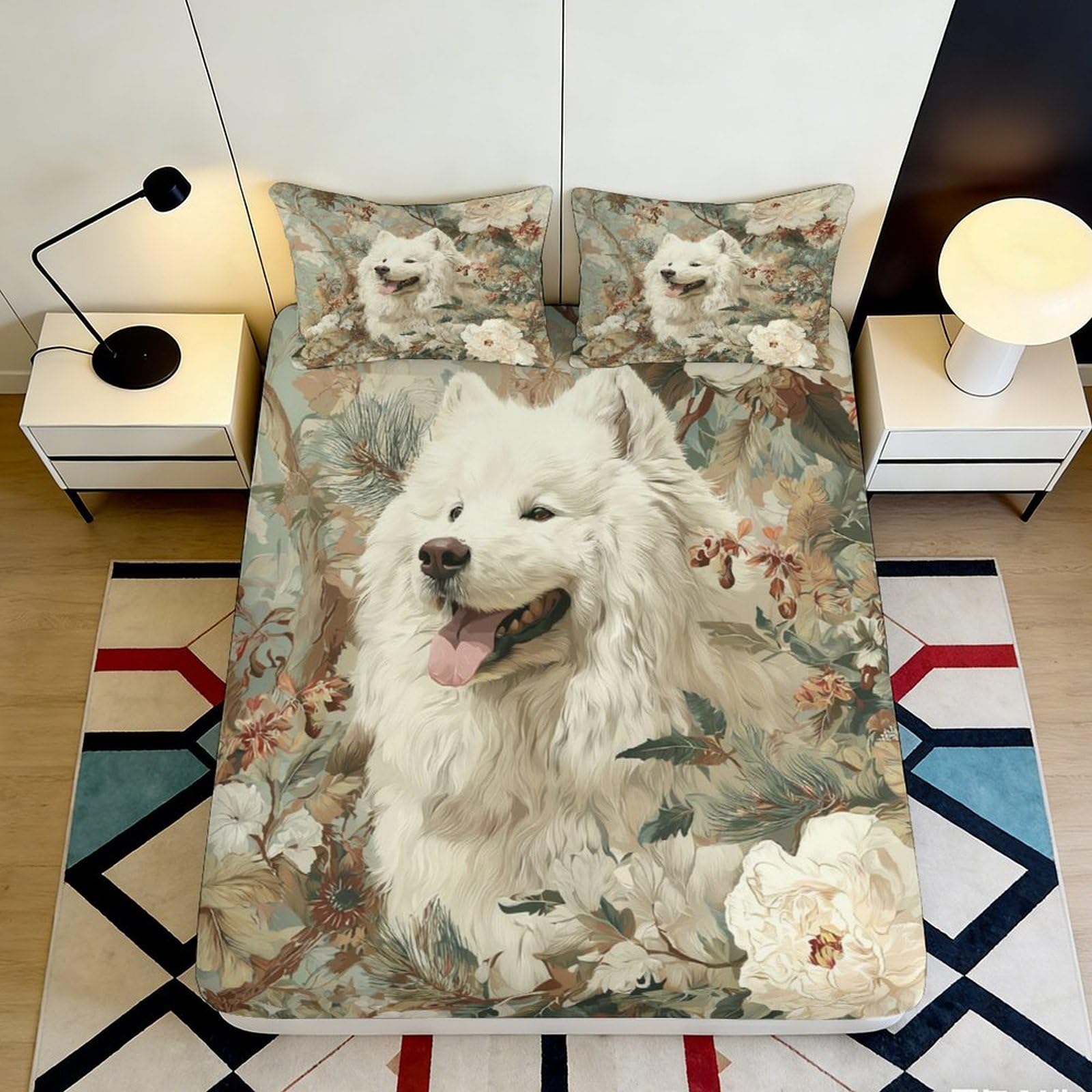 Pnayamiorkfel Style-6 3D Printed White Samoyed Dog Fitted Sheet Microfiber Bedroom Decor Floral Bed Cover For Home Guest Room Mattress Protection 90X200x25cm