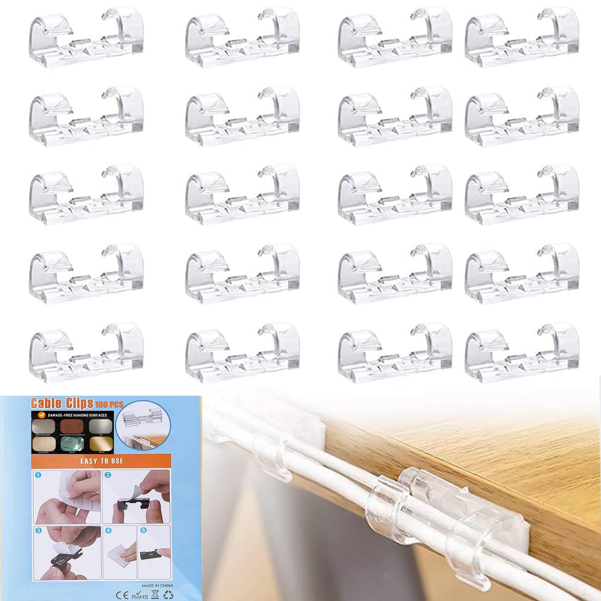 PYLCO SMART Cable Management Wire Clips 100-Pcs Strong Adhesive Cord Holder Heavy Duty Wire Tidy Clip Holder - Durable Sticky Wire Clamps for Desk Cables Home Office Car Wire Organizer (Clear)