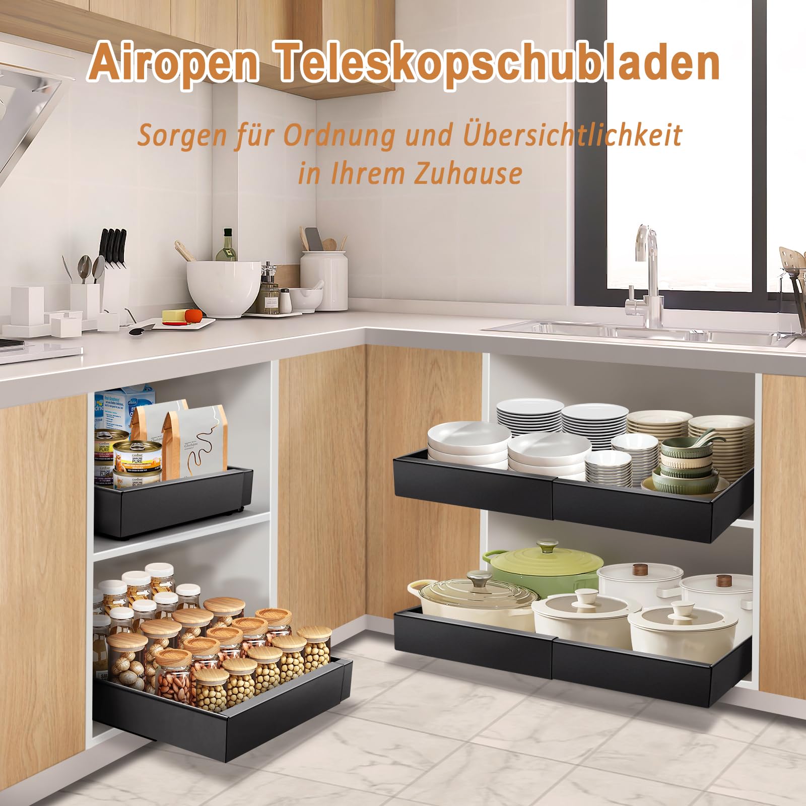Ausziehbare Schublade Küche, 10 Aufbewahrungsboxen im Lieferumfang, Breite von 32–53 cm Verstellbar, 2 Montagearten, Teleskopschublade für Küche, Bad, Zimmern und Abstellräumen (Schwarz)