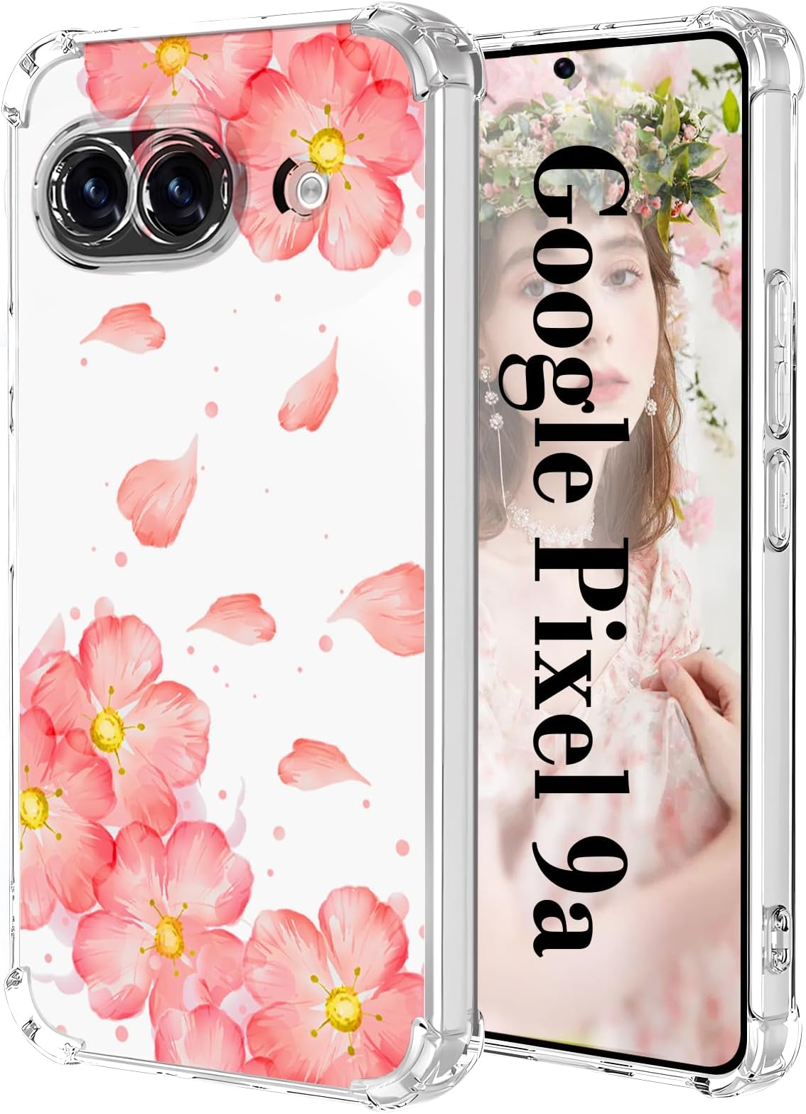 for Google Pixel 9A Case Clear with Flower Pattern, Upgraded [Full Camera Protection] Shockproof Bumper Corner Transparent Soft TPU Slim Floral Cover for Girls Women, Cherry Blossom