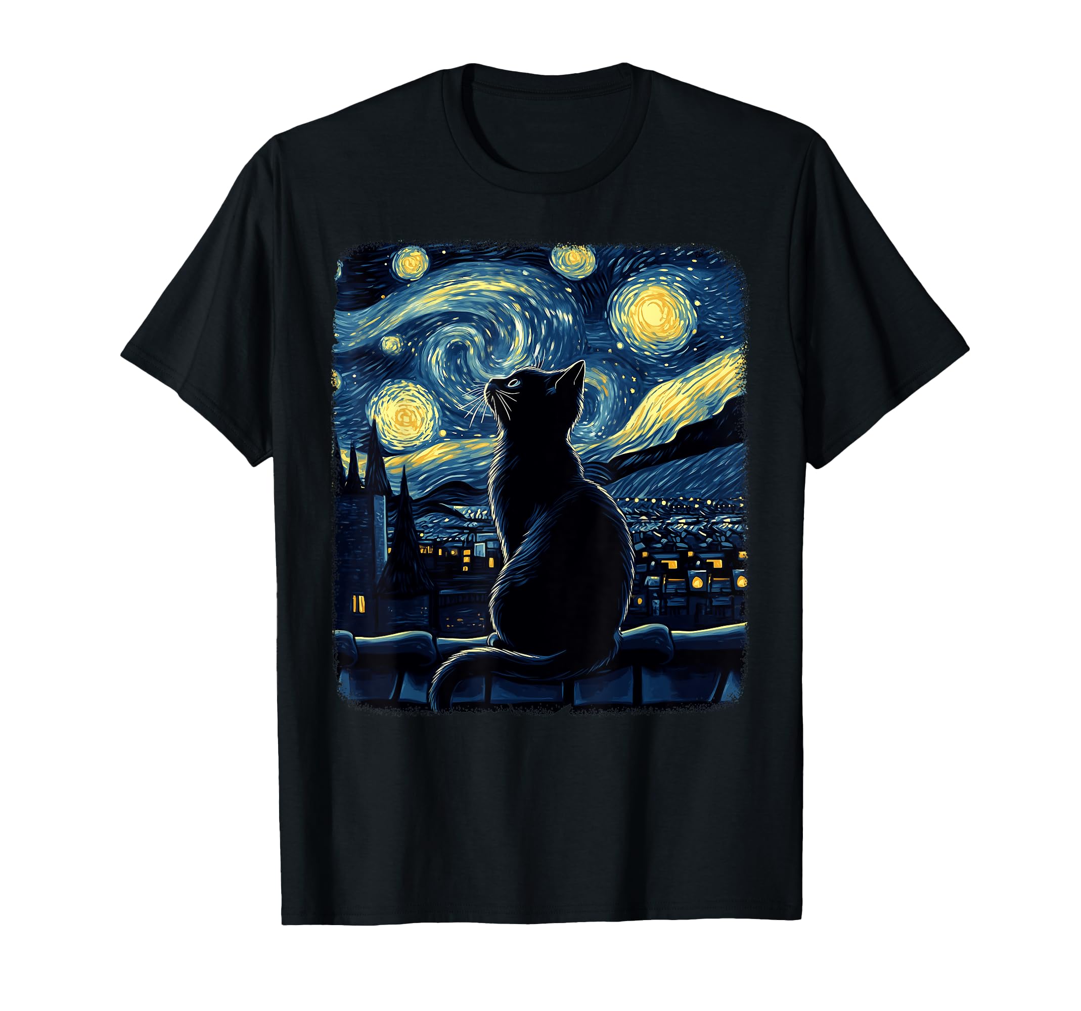 Halloween Van Gogh Starry Night Painting Black Cat Kitten T-Shirt for Men Women Kids