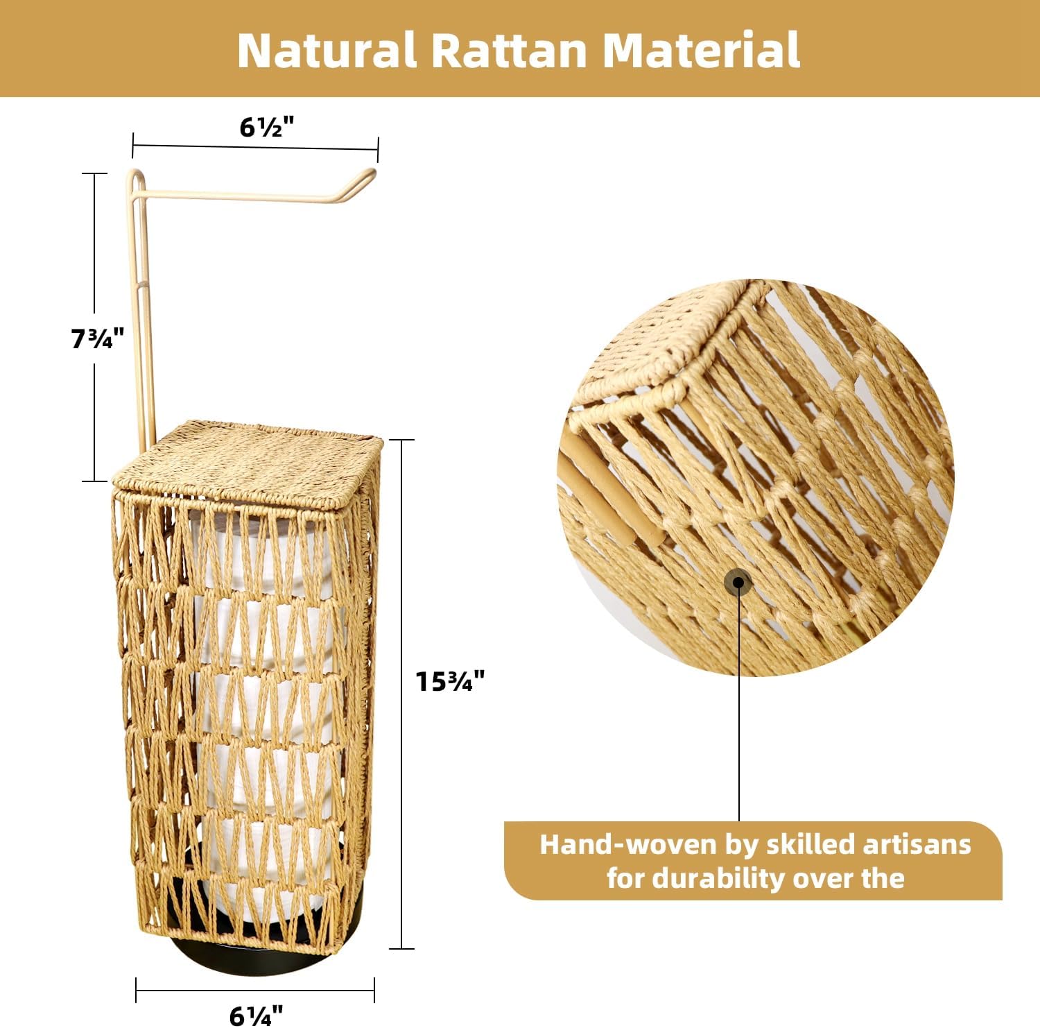 Free Standing Toilet Paper Holder Stand with Shelf, Bathroom Floor Toilet Tissue Holder Stand Handwoven Bath Pedestal Square Toilet Paper Roll Holder Storage Organizer Basket Rack Dispenser