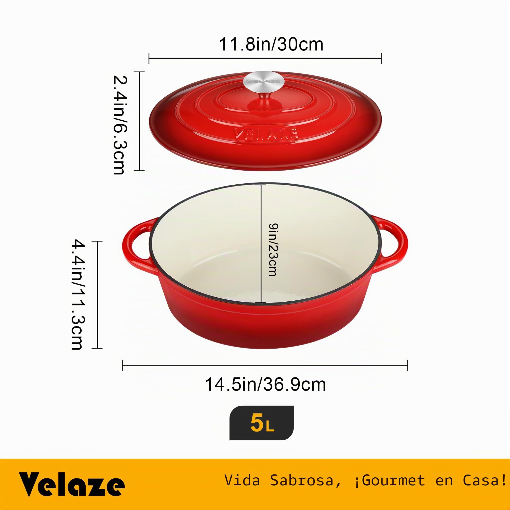 Velaze - Olla de Hierro Fundido Esmaltado con Tapa para Inducción, 30 cm, Brasea, Buen Sellado, Olla de Sopa, Revestimiento Antiadherente, Diámetro de 30 cm