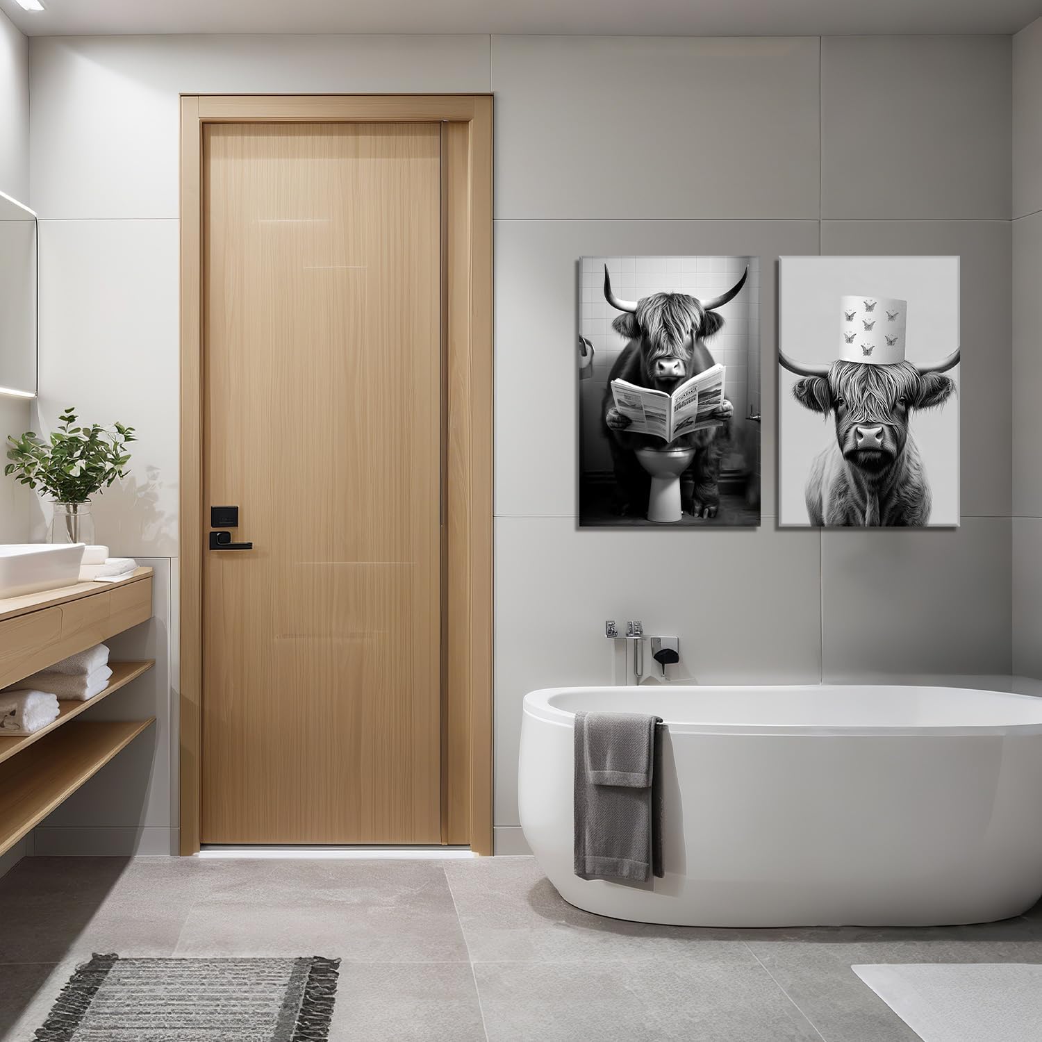 Funny Bathroom Canvas Wall Art 2 Piece Black and White Picture Highland Cow in Toilet Picture Cow Reads the Newspaper Painting Animal Prints Home Decor Framed(Picture-2,11.00"x14.00"x2P)