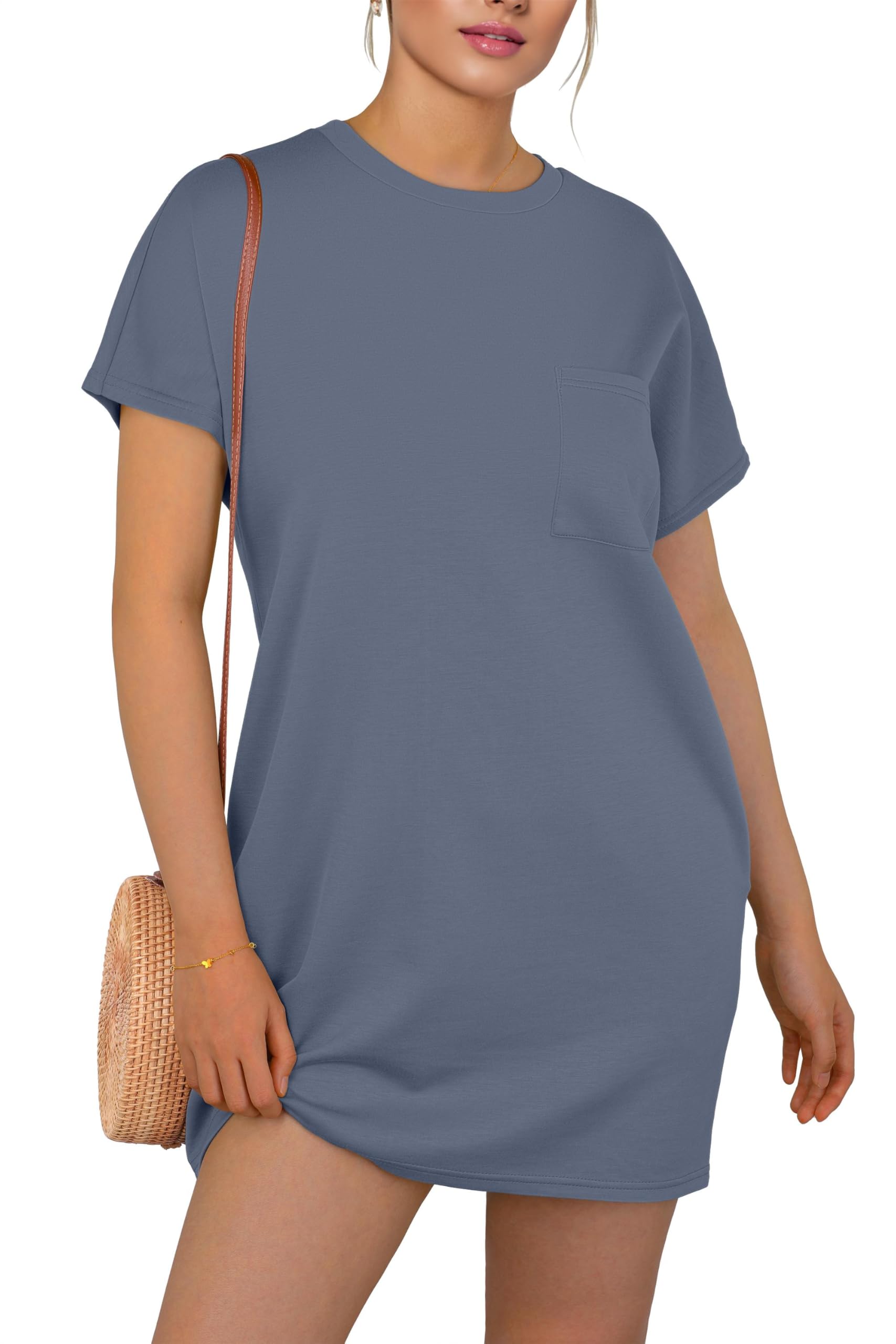 GRECERELLE Women's 2025 Casual Summer Shirt Dress Loose Round Neck Mini Wrinkle-Free Sundress with Pocket