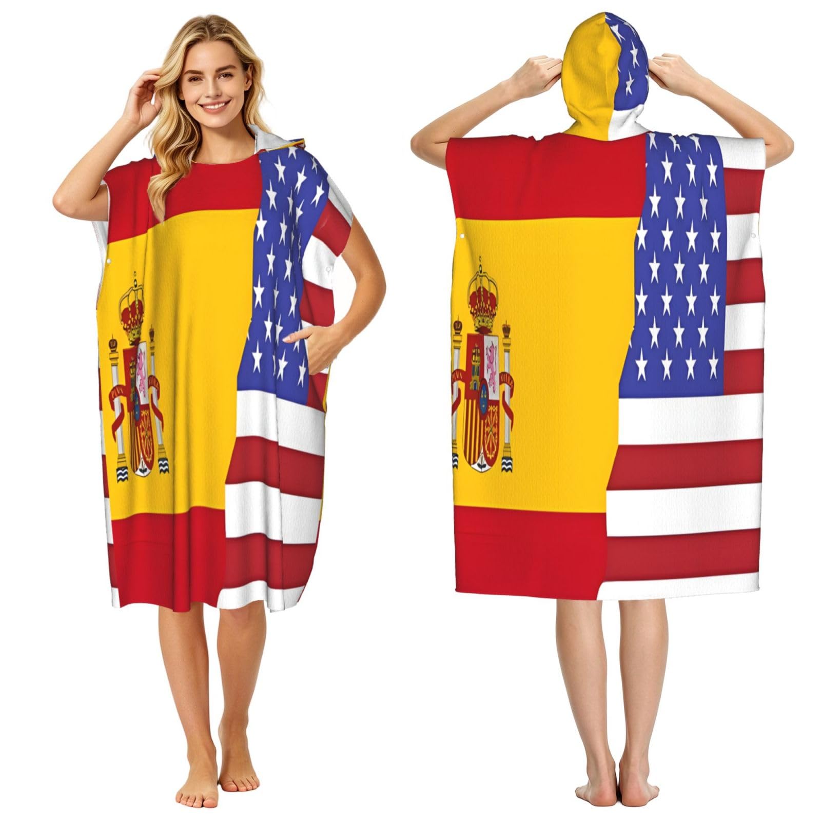 KLGRTJHK American Spain Flag Adult Hooded Beach Poncho Towel 43"X35"