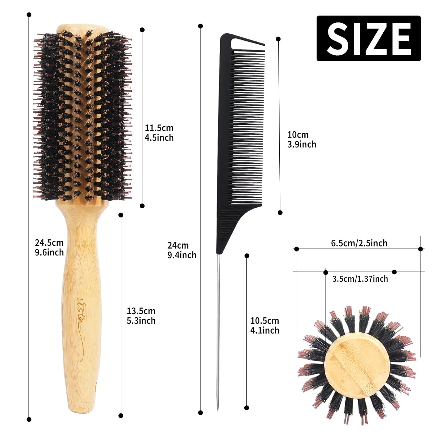 Vista Round Hair Brush with 10mm Boar Bristle 15mm Nylon Bristle Hairbrushes for Women Bamboo Hair Brush Styling with Tail Comb for Blow Drying, Shiny, Smooth, Long, Curly Hair - Image 3