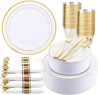 WDF 350-Piece Gold Plastic Dinnerware Set for 50 Guests - Elegant Plates, Cutlery, Pre-Rolled Napkins & Cups for Parties