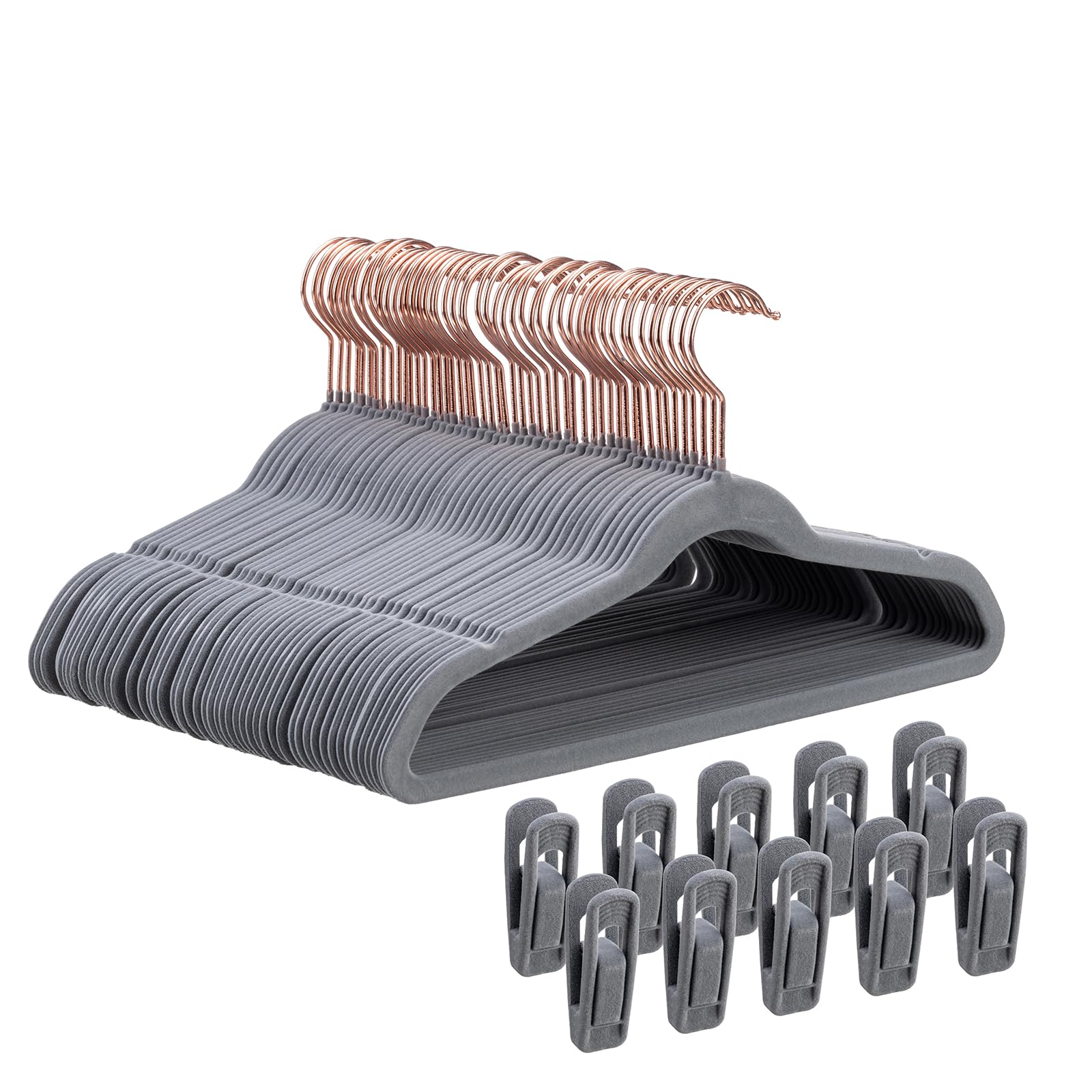 Tonswachic Samt-Kleiderbügel für Kinder, 35,6 cm, Premium, rutschfest, Baby-Filz-Kleiderbügel für Kleidung, ultradünne Kinder-Kleiderbügel für Jugendschrank, mit 10 Kleiderbügel-Clips, Grau, 50 Stück
