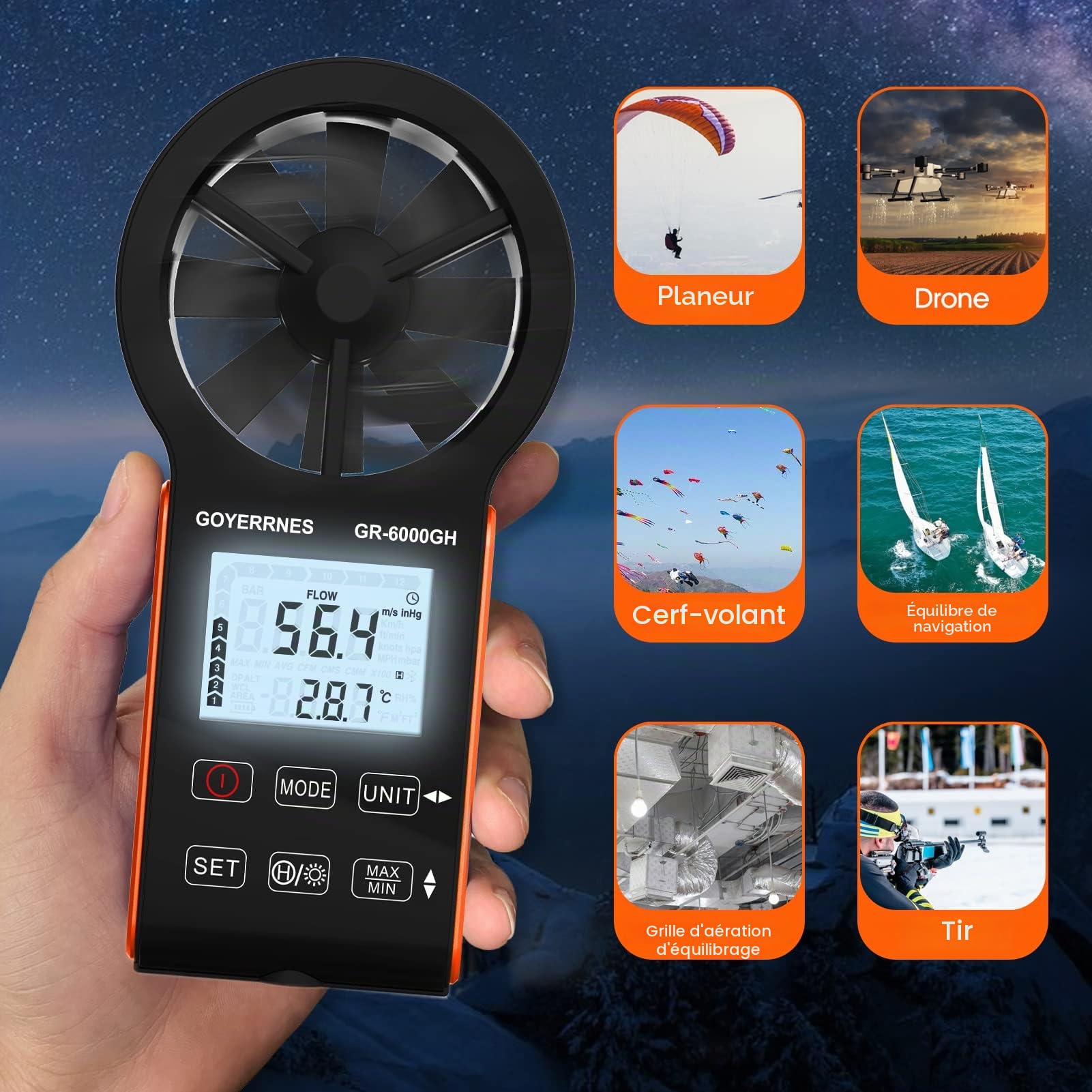 Anémomètre Numérique portatif GR-6000GH CFM Meter Gauge Débitmètre d'air portable Mesure de la vitesse de l'air Volume d'air Température pour les bouches d'aération HVAC, la navigation de plaisance