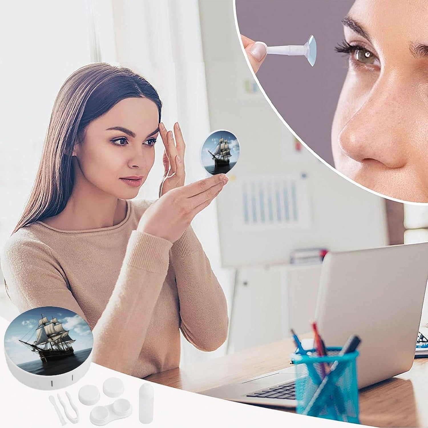 Old Sailing Ship Contact Lens Case with Solution Bottle, Portable Contact Lens Box with Mirror, Lenses Applicator Remover Tool Kit for Women Men, Contact Lens Holder Container