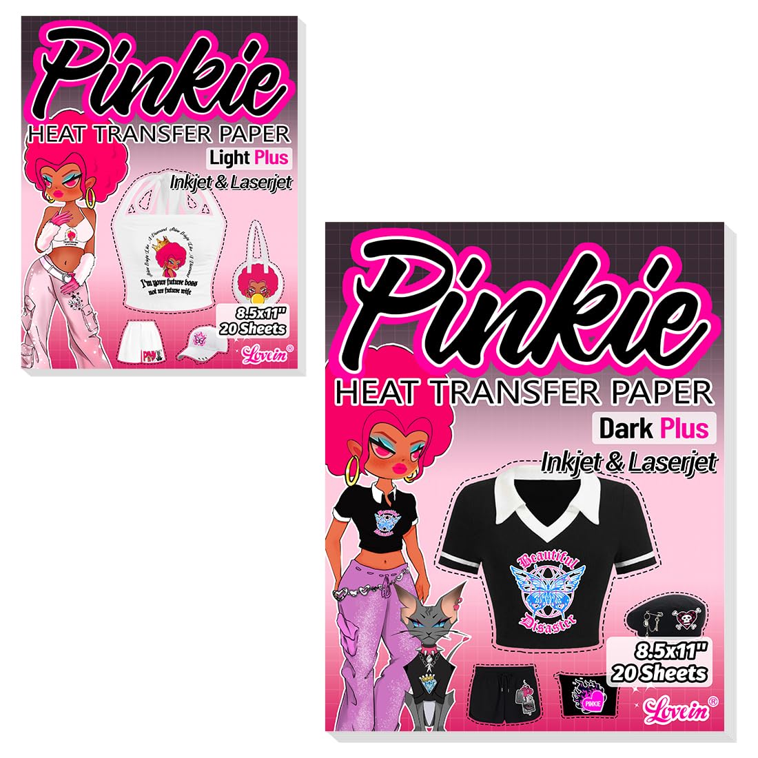 Lovein Pinkie Iron on Heat Transfer Paper for Dark T Shirts Printable Heat Transfer Vinyl for Laserjet and Inkjet Printer & Iron on Transfers Paper for Light Fabric(Light Plus+Dark Plus, 20+20)
