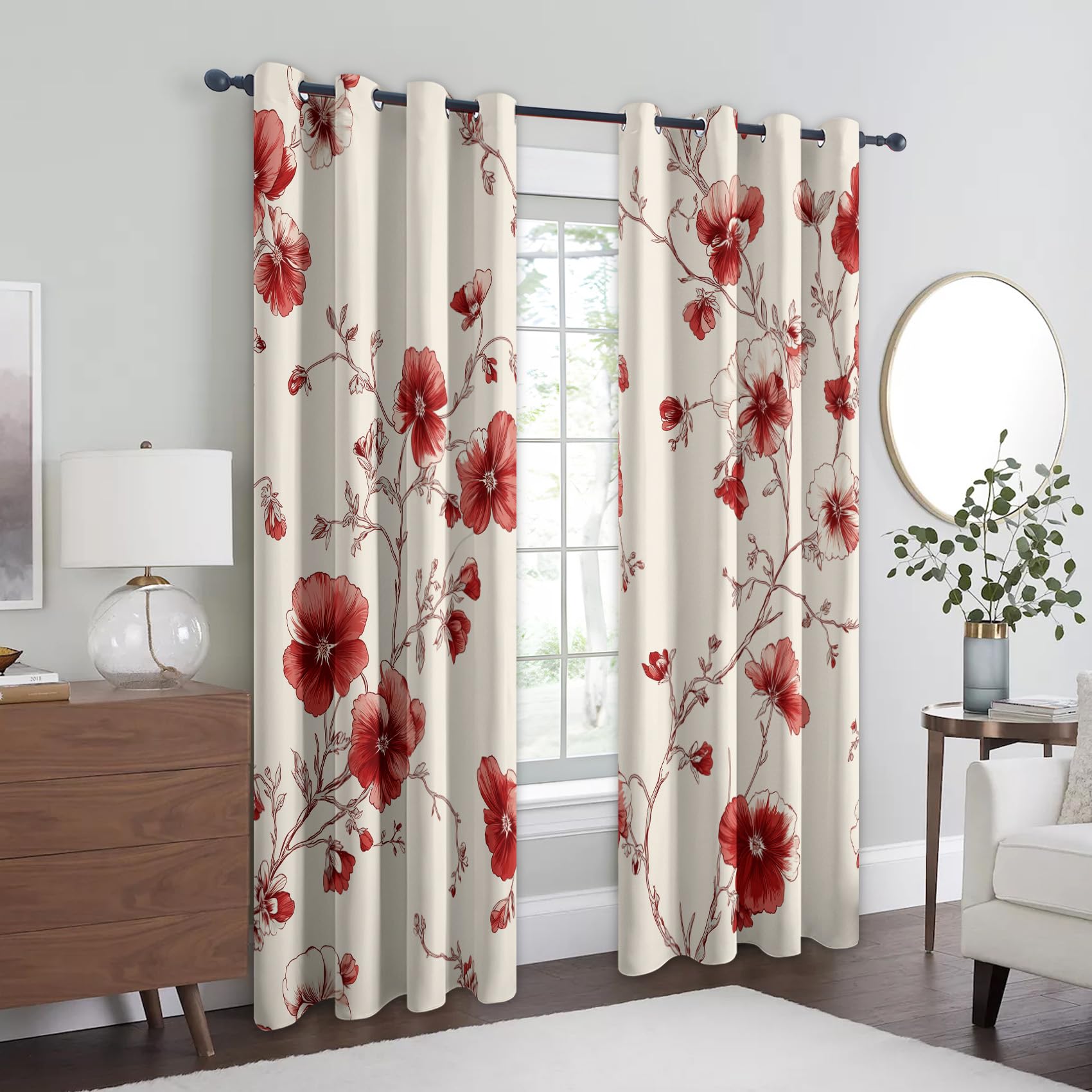 Generisch Mohnblumen Vorhänge Blickdicht Gardinen mit Ösen, Rot Weinrebe Blumen Floral Deko Muster Wohnzimmer Schlafzimmer Fenster Verdunklungsvorhänge, H 245 x B 140 cm 2er Set (3c5-124)