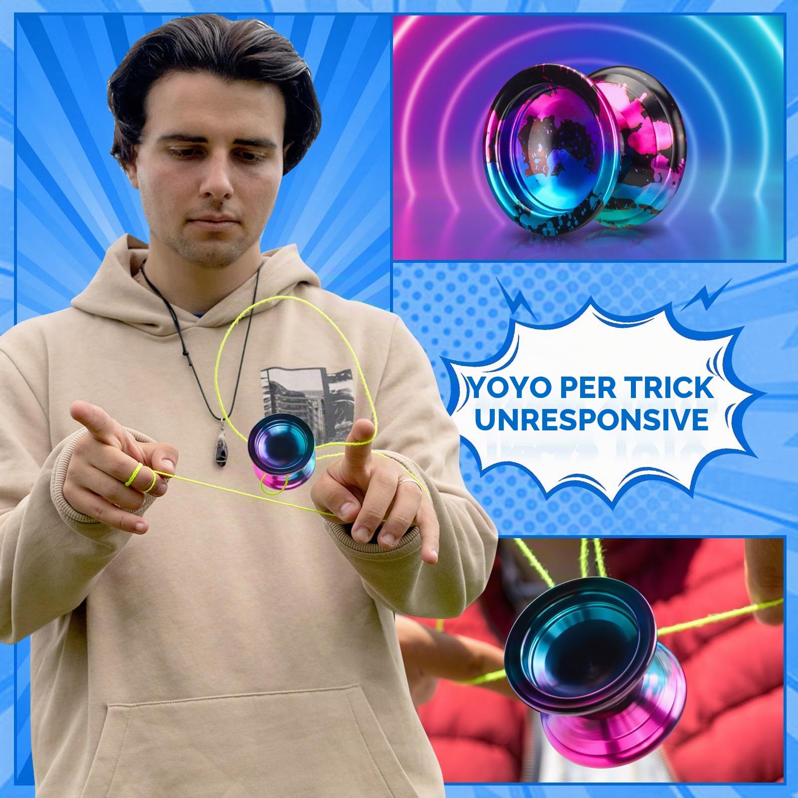 FETESNICE 1.No Yoyo professionale per adulti - Set di yoyo in metallo reattivo e non reattivo per principianti e giocatori avanzati, include 10 corde, guanto e borsa per il trasporto (nero, blu, rosa)