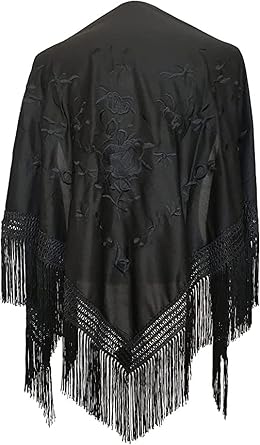 AMINA Black Flamingo Shawl with Fringe - Black Embroidery on One Side - Large Size 190 x 90 cm