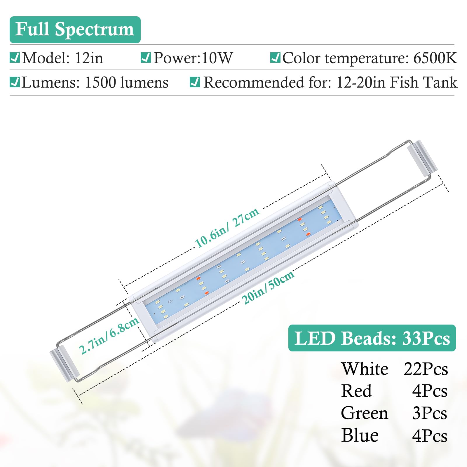 HITOP Full Spectrum LED Aquarium Light – 12” 16” 24” 32” Classic Fish Tank Light with RGB LEDs, with Timer and Stable Extendable Brackets (12-20in) - image 2