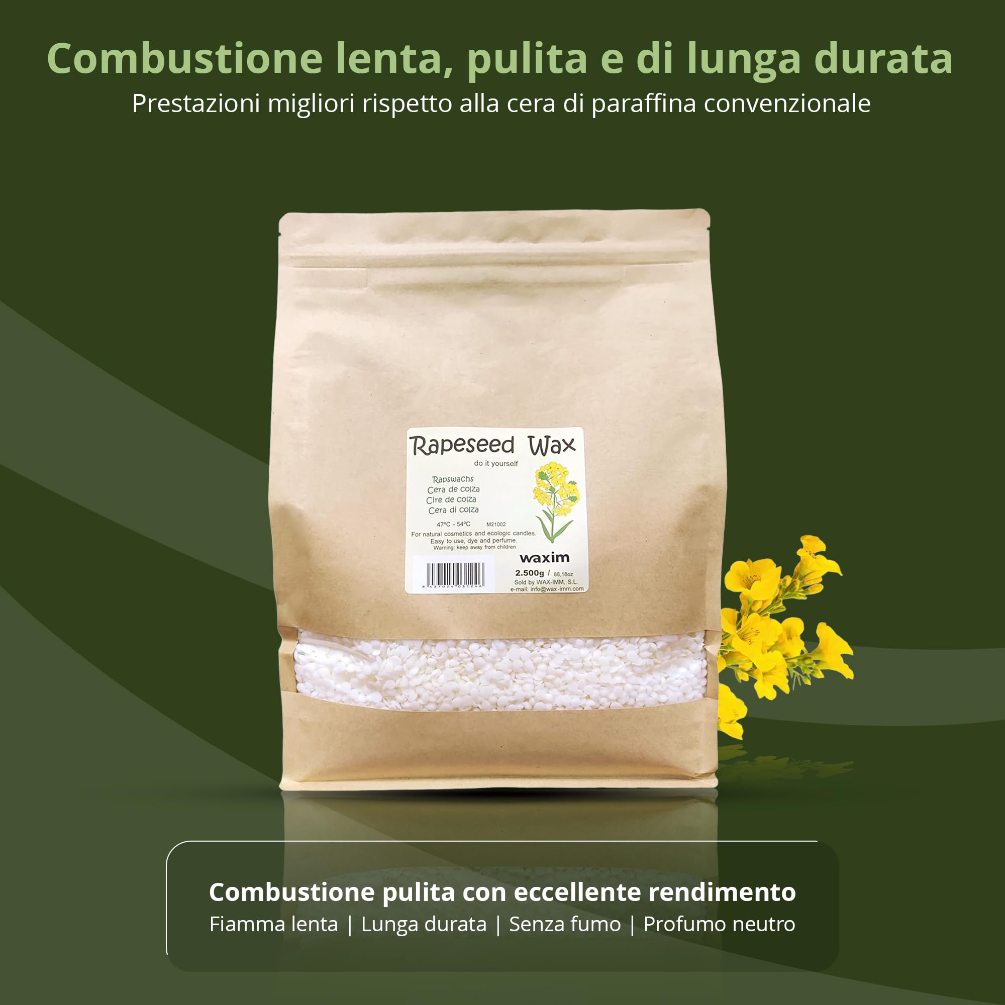 WAXIM Cera di olio di colza per candele 2500 g – Perle bianche, naturali, vegane, senza paraffina, cera per candele fatte in casa, fai da te, candele artigianali, granuli di cera e candele natural