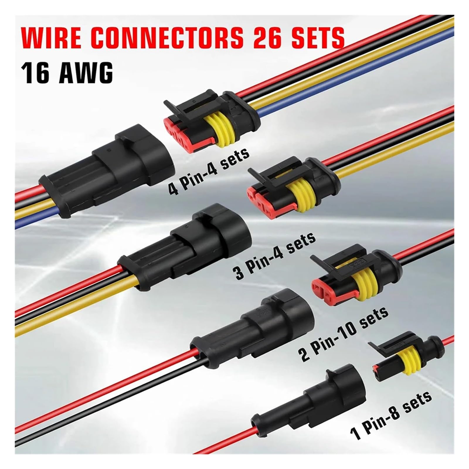 16AWG Wire Connector, 1/2/3/4 pin Connector, car Truck Motorcycle Marine car Connector kit (26 Sets)