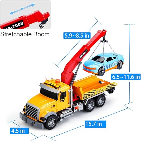 Miniatura 3 de Camión de remolque para niños con juguetes de coche para niños de 4 a 7 años, camión de remolque grande con luces de gancho de trabajo y juguetes de