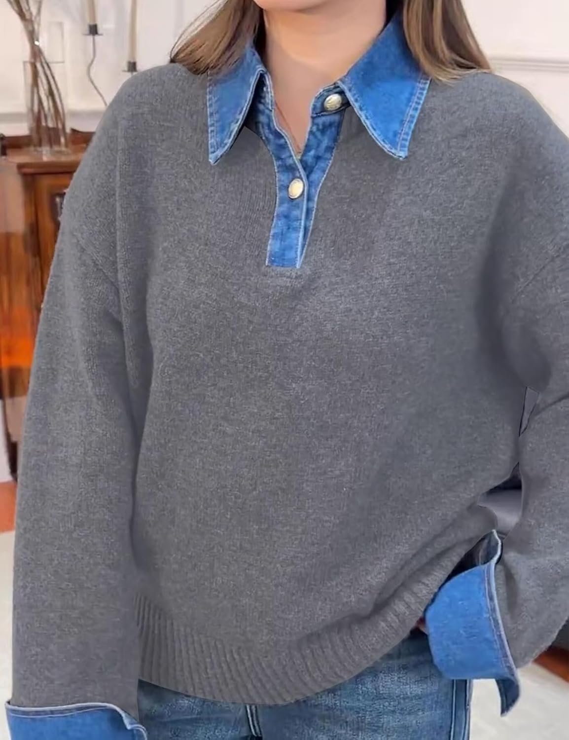 Womens Fall Oversized Long Sleeve Sweaters 2 in 1 Denim Panel Lapel Sweater Polo Knit Sweater Tops - Image 4