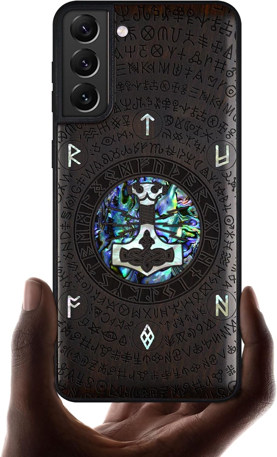 Carveit Designer Wooden Cover for Samsung Galaxy S22 Case [Wood Engraving & Shell Inlay] Compatible with Wireless Chargers Galaxy S22 (Thors Hammer-Blackwood)