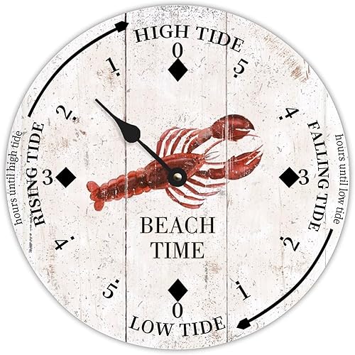 Beach Time Lobster Farmhouse - Reloj de marea de madera de la costa este del océano náutico con luna, reloj de madera de marea alta y baja,