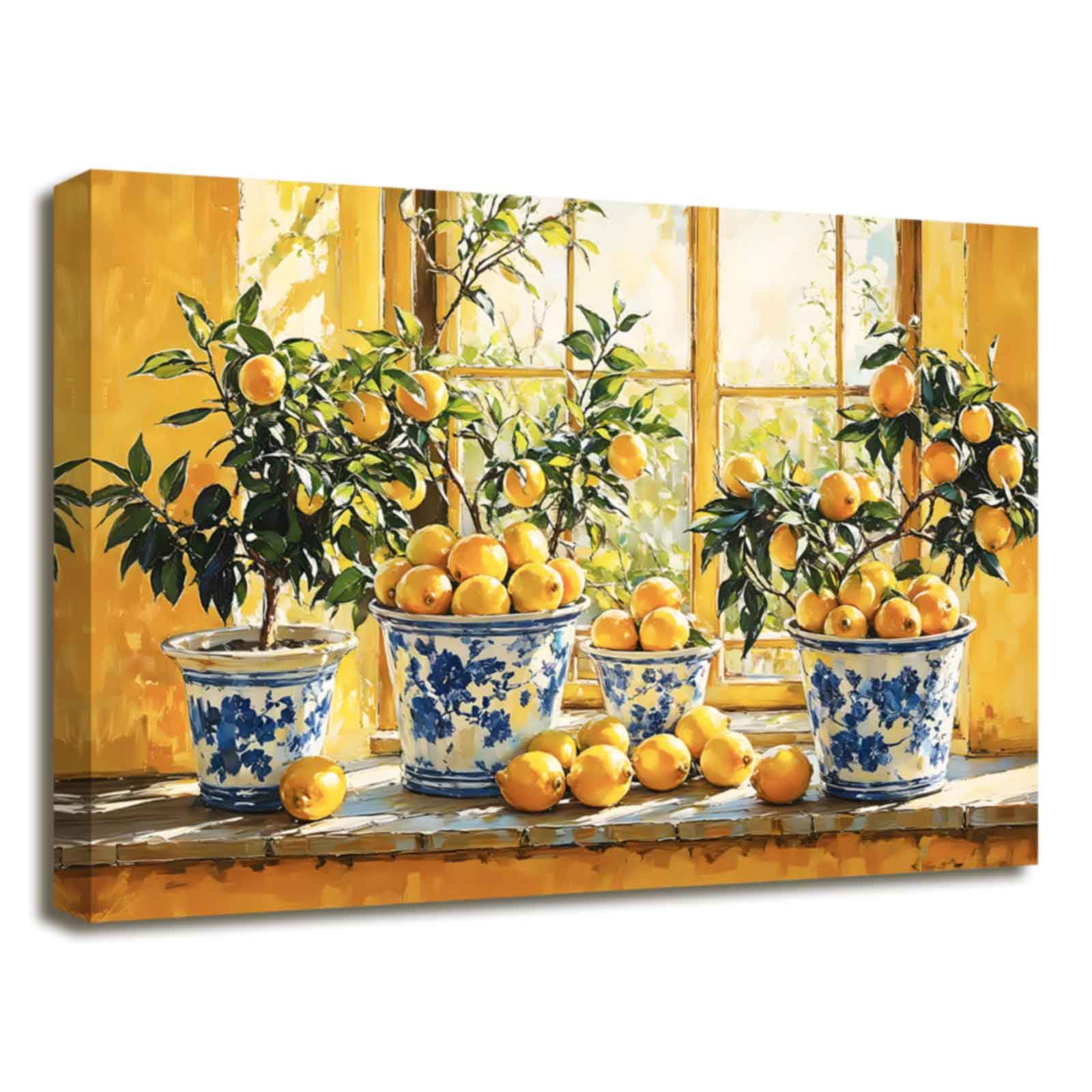 XLMDYYSW Lemon Wall Art Citrus Prints for Kitchen Wall Decor Yellow Fruit Pottery Canvas Picture Blue Classical Painting for Farmhouse Bathroom Framed