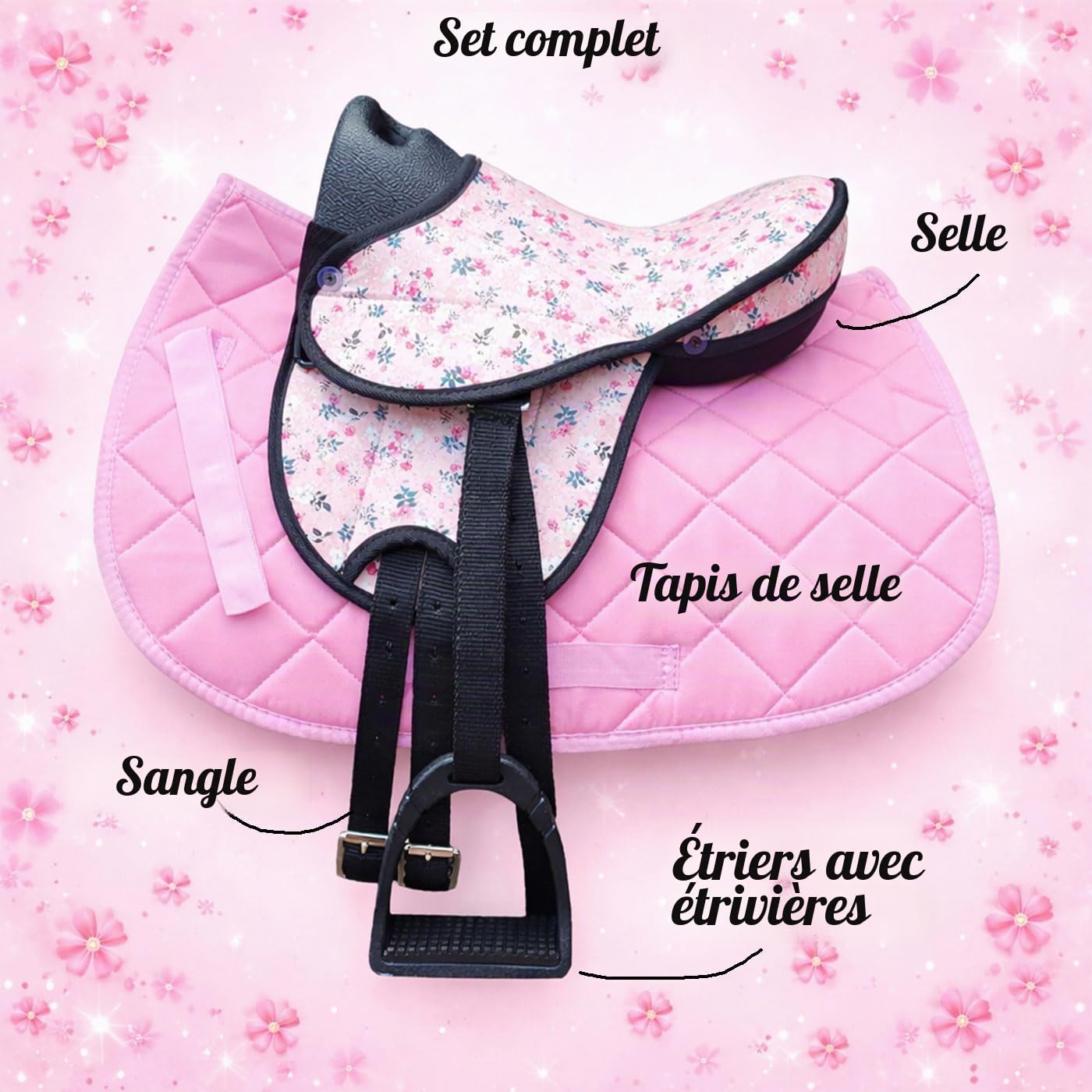 Brama West Selle de cheval en bois « My Happy Pony » | Selle pour cheval en bois Shetty Pony | Avec tapis de selle, sangle de selle, étriers et étriers | Selle Flower / couverture rose