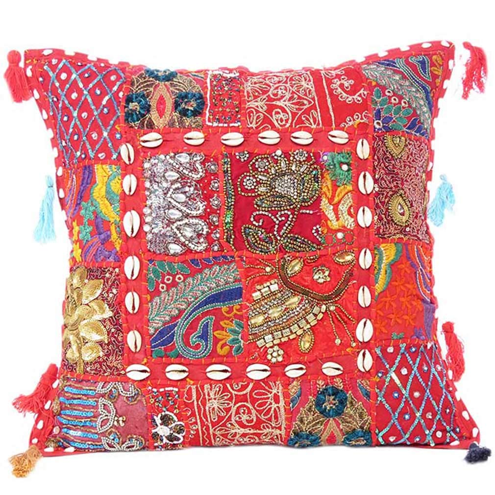 Eyes of India Decorative Patchwork Boho Throw Pillow Cover, Colorful Cushion Case for Sofa Couch, Bohemian Handmade Accent Bedroom Living Room, 20x20 inch (50x50 cm), Red