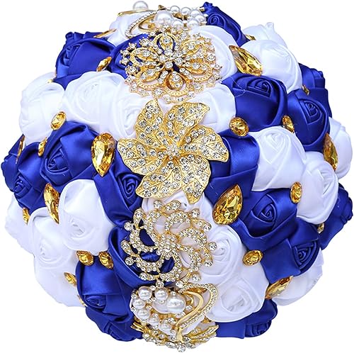 Ramo de boda de lujo con diamantes de imitación de oro, ramo de flores de satén para novia, dama de honor, decoración de boda (azul rey + blanco)