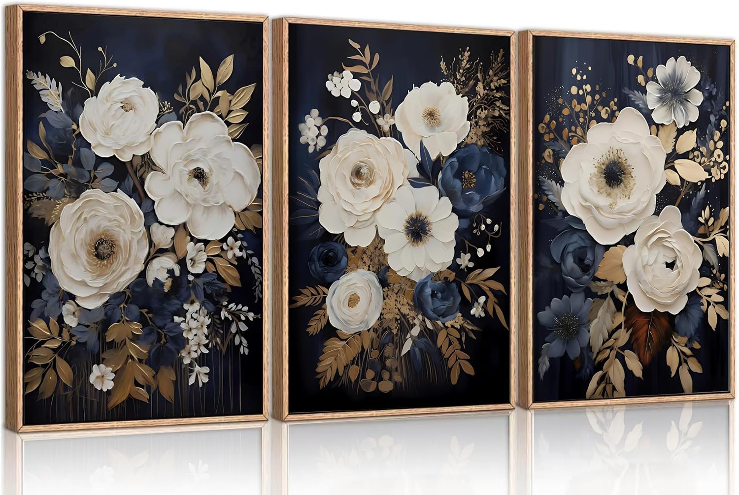 Lianyibo Frameless 3Pcs Navy Blue Abstract Floral Canvas Wall Art Moody Dark Flowers Plants Painting Wall Decor Poster Print Artwork(80X120x3/Frameless)