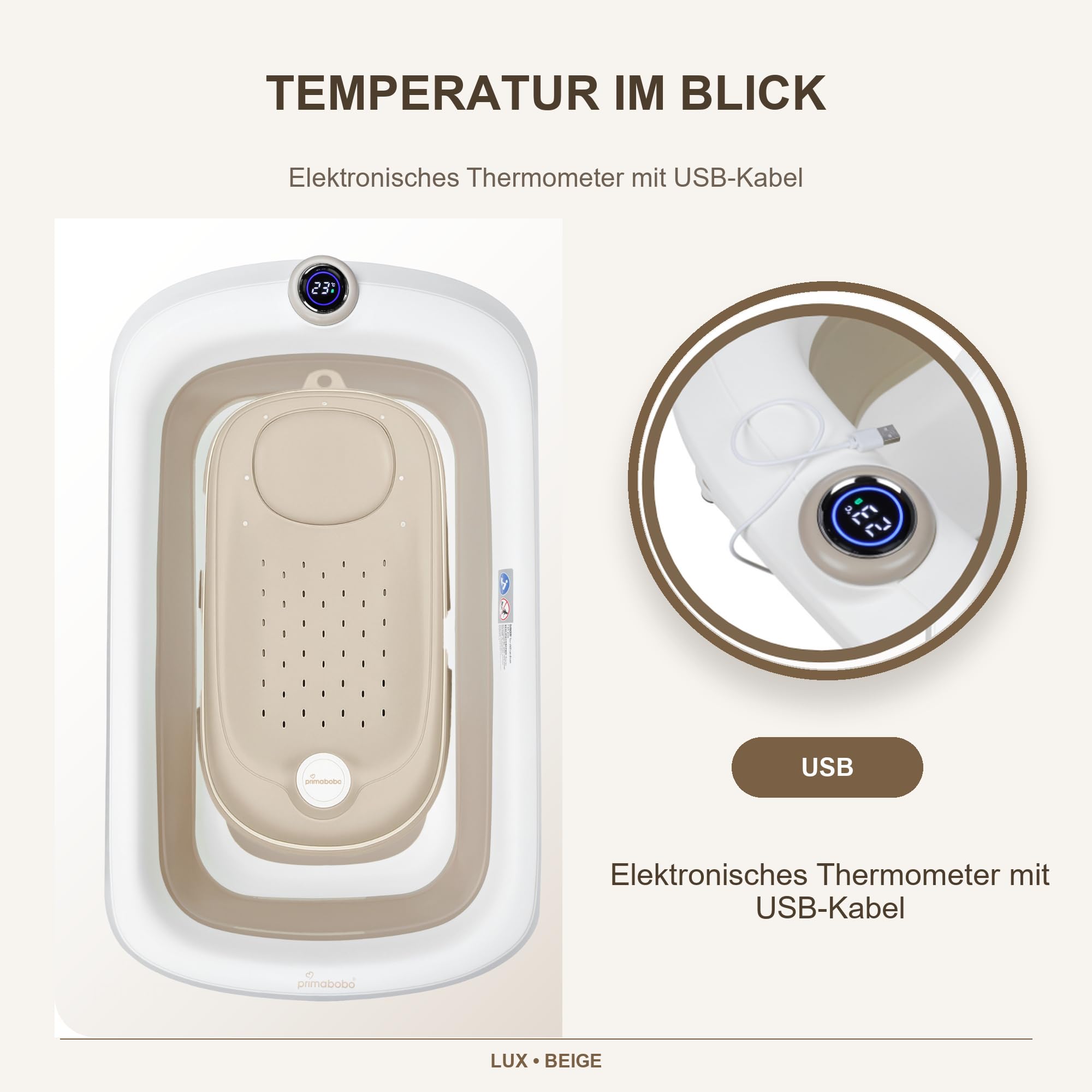 Primabobo LUX Bade-Set für Babys mit Faltbarer Babybadewanne, Elektronischem Thermometer, Badesitz und Gestell, Komplettes Babybad Set für Neugeborene, Beige
