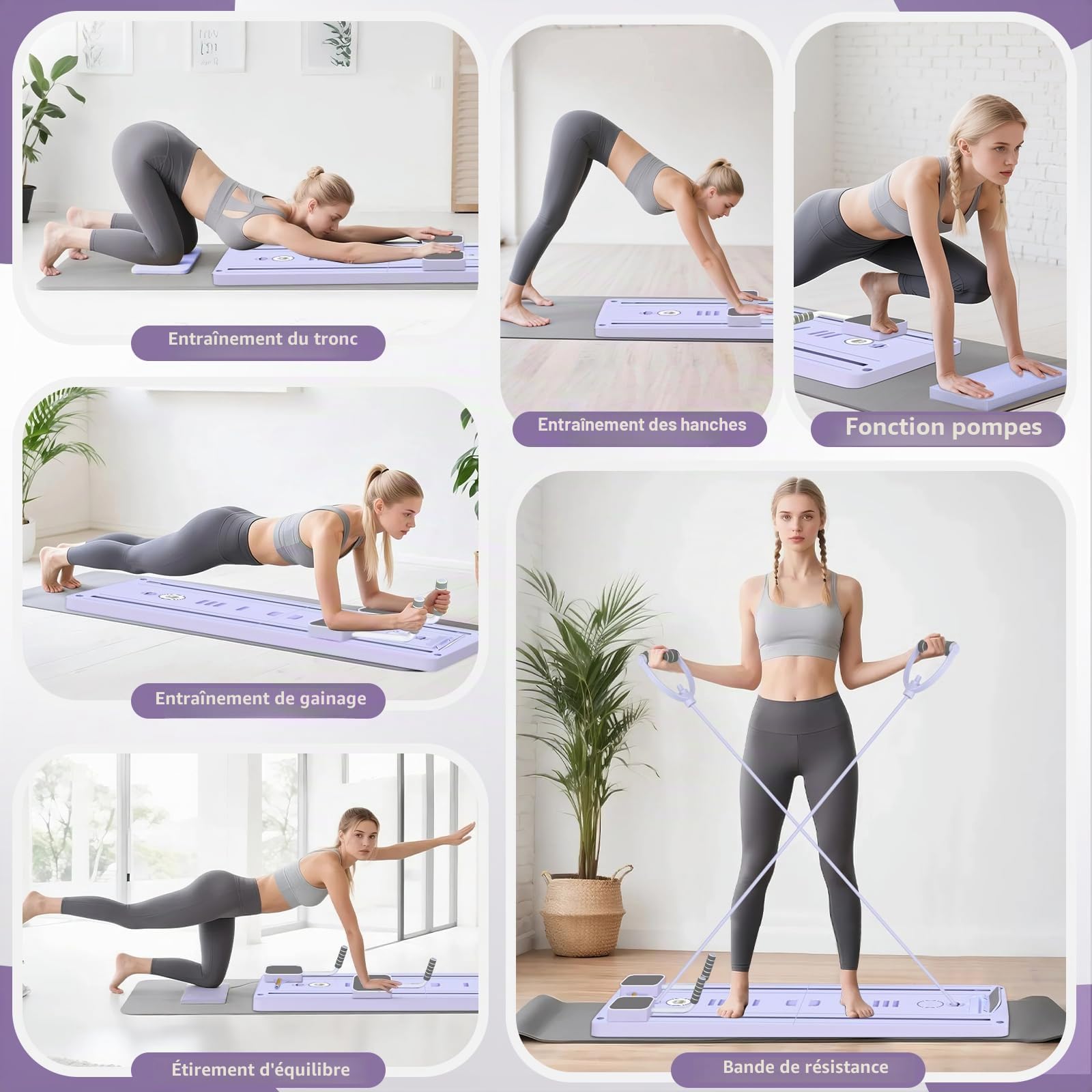 Reformer Pilates Portable - Entraîneur Abdos/Core avec Rouleau Auto-Rebond, Bandes de Résistance & Planche Réglable - Fitness Domicile