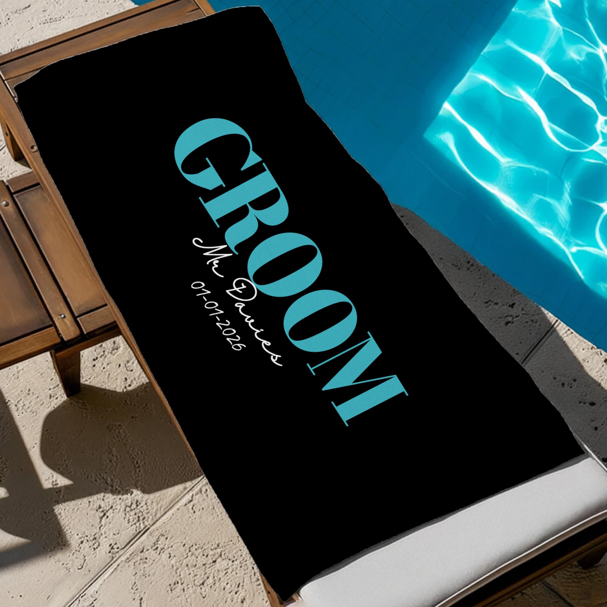 Print Maniacs Personalised Groom Beach Towel with Name and Date Custom Microfibre Towel Large Quick Dry Lightweight Travel Towel Wedding Honeymoon Stag Party Pool Spa Gift for Him