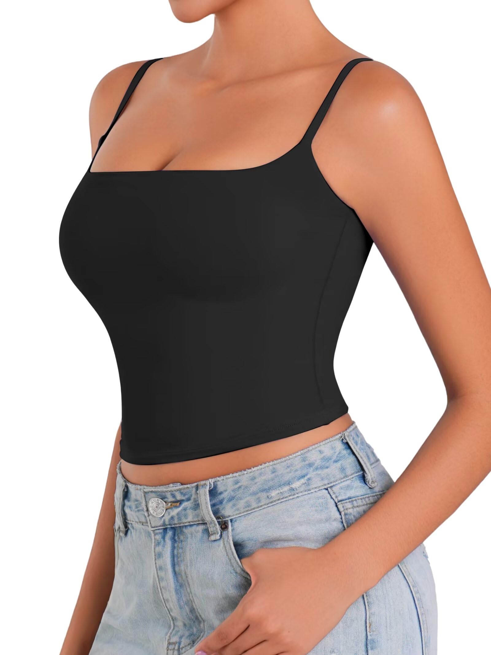 Sunzel Camiseta sin mangas con tirantes delgados para mujer, camisola de doble forro con cuello cuadrado, camiseta de verano para salir, básica