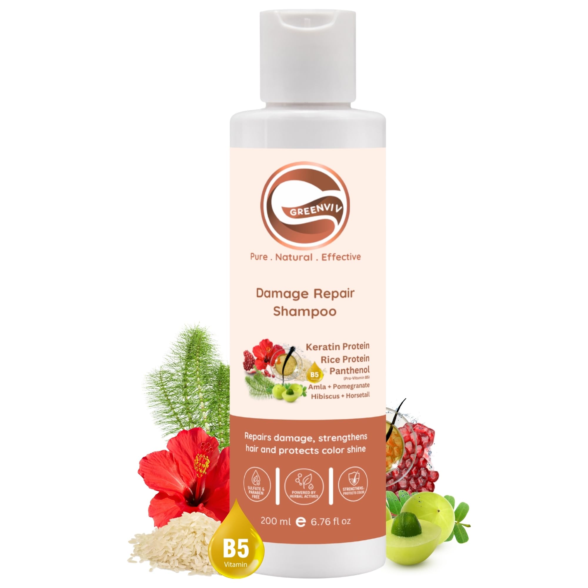 Greenviv Keratin Shampoo for Damage Repair & Strength, Reduces Breakage & Restores Shine with Rice Protein & Panthenol | Sulphate & Paraben-Free | 200 ml