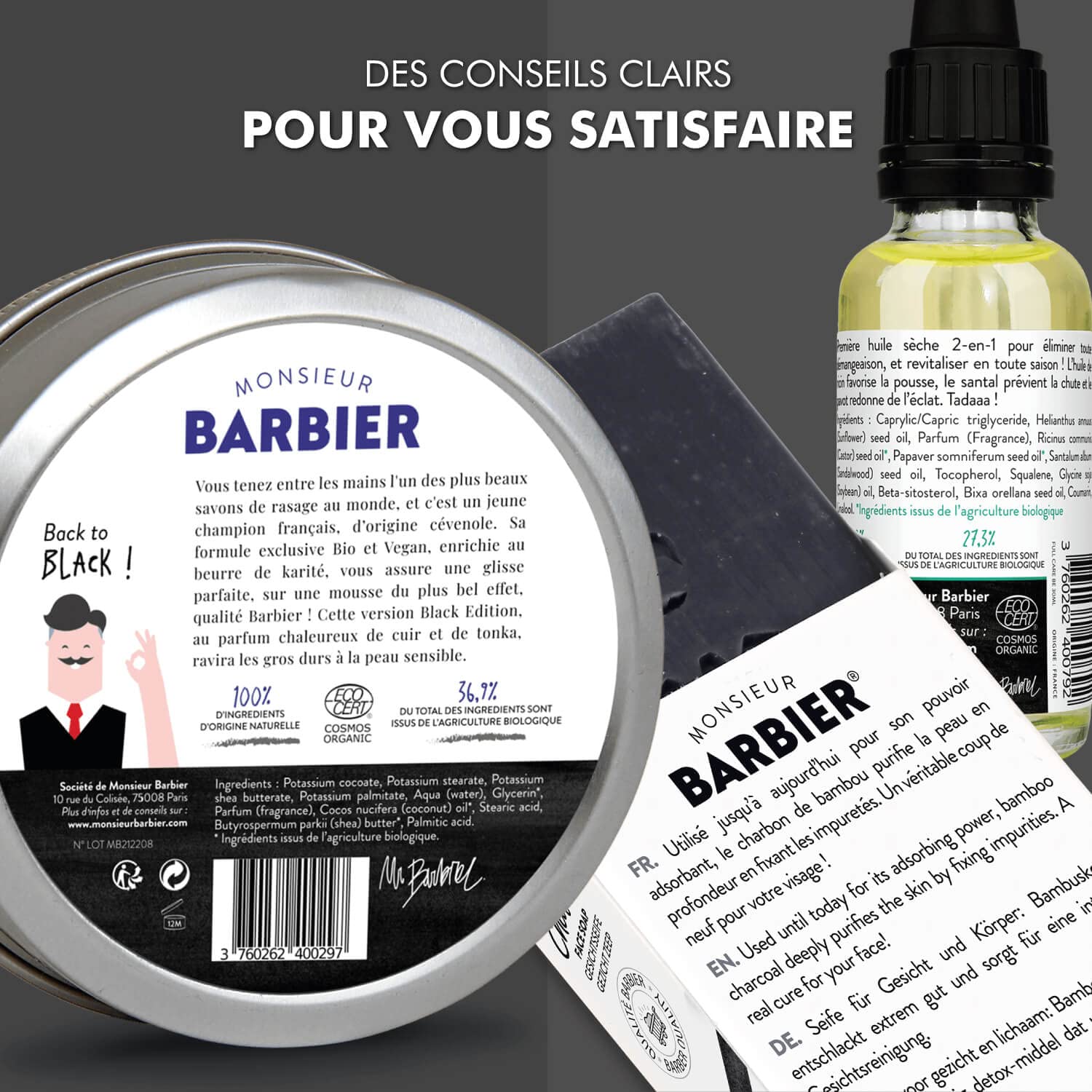 Monsieur BARBIER - Cofanetto per la cura degli uomini | BLACK EDITION TONKA | Francese, Naturale e Vegano | Viso, Rasatura, Barba & Capelli per un kit di manutenzione premium completo | Il regalo di