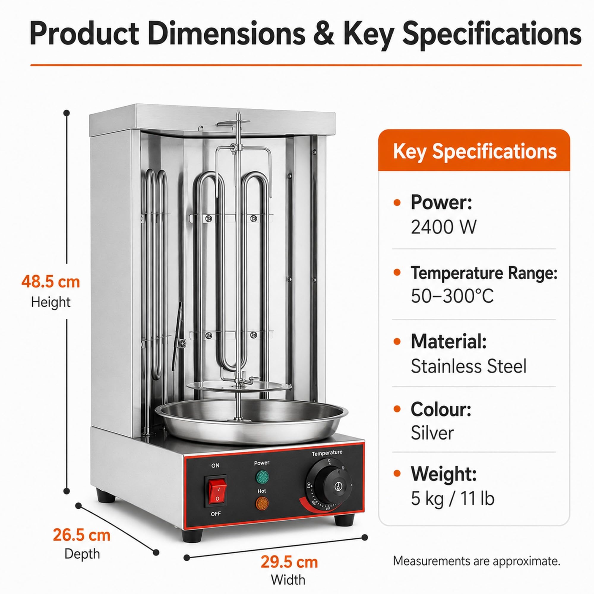 Machine à Shawarma éLectrique Professionnelle, Four RôTissoire Vertical en Acier Inoxydable 2400 W, RéGlage De La TempéRature : 50-300 °C, pour Restaurants