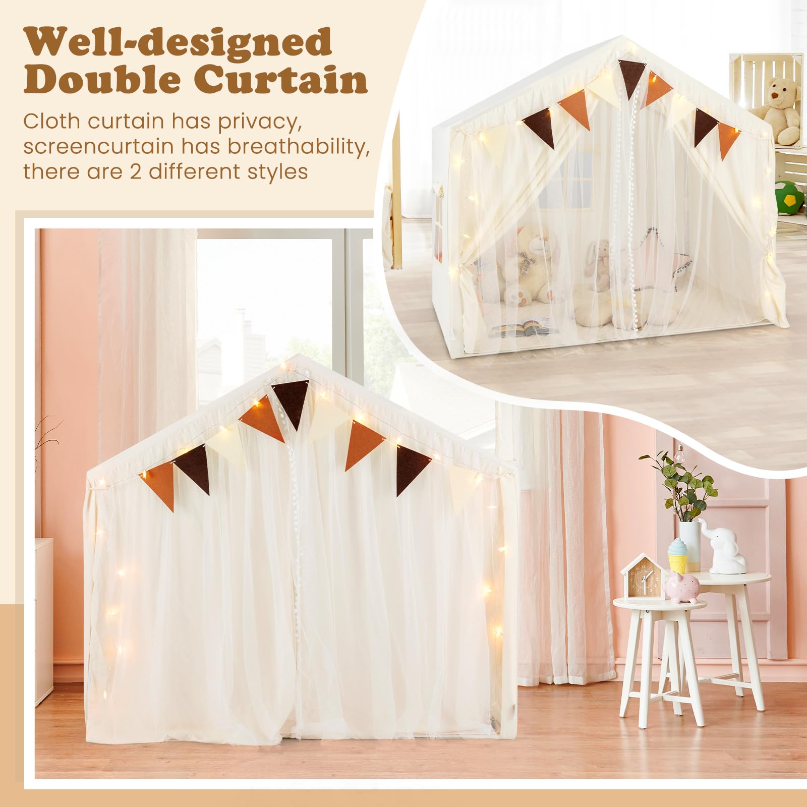 INFANS Kids Play Tent, Large Size Playhouse with Washable Cotton Mat Star Light Windows Plaid Pennants, 57.5” x 38” x 52.5”, Indoor Outdoor Princess Tents Castle for Toddlers Age 3+ Years Old