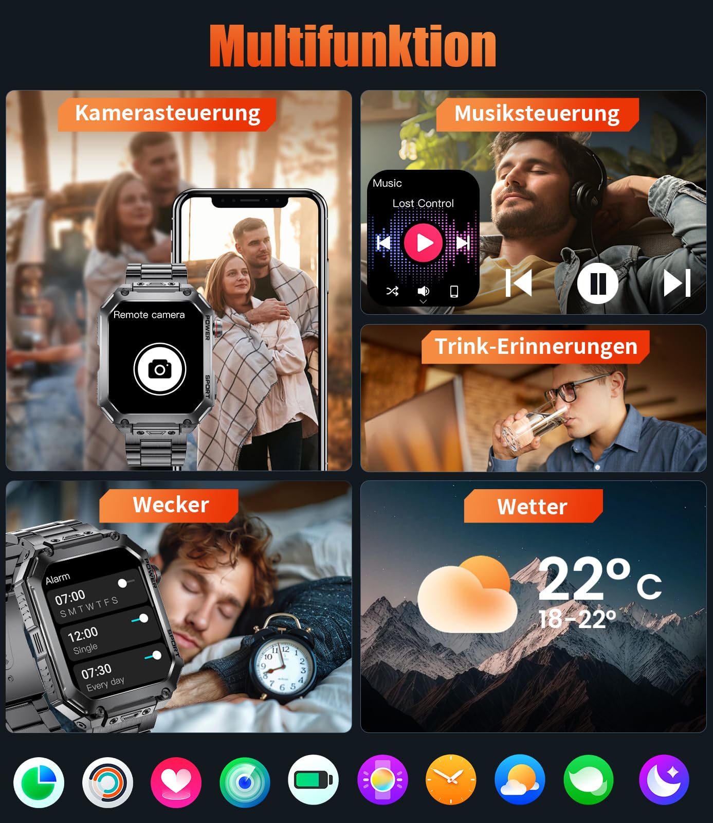 LIGE Smartwatch Herren mit großem 2,01" HD-Bildschirm, 3 Armbänder, Bluetooth-Anrufe, Herzfrequenz & SpO2-Messung, 120+ Sportmodi, IP68 wasserdicht Sportuhr iOS/Android, Schwarz