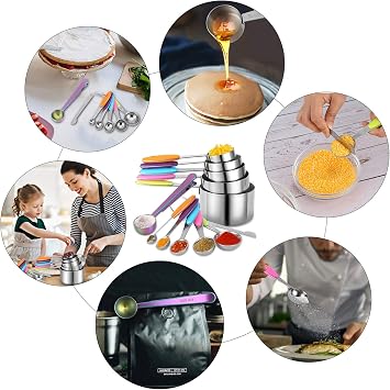 HAUSPROFI Measuring Cups and Spoons Set of 14, Stainless Steel Cup Measurement Set with Measuring Scoop and Clip for Food, Soft Silicone Handle and Ruler, for Baking, Kitchen Cooking, Liquid and Solid