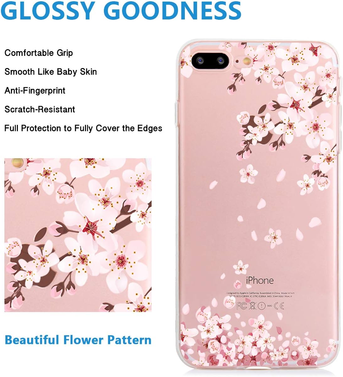 iPhone 8 Plus Case iPhone 7 Plus Case Floral Soft TPU Slim Flexible Shockproof Phone Cases for Women Girls-White Pink Peach Blossom[5.5"]